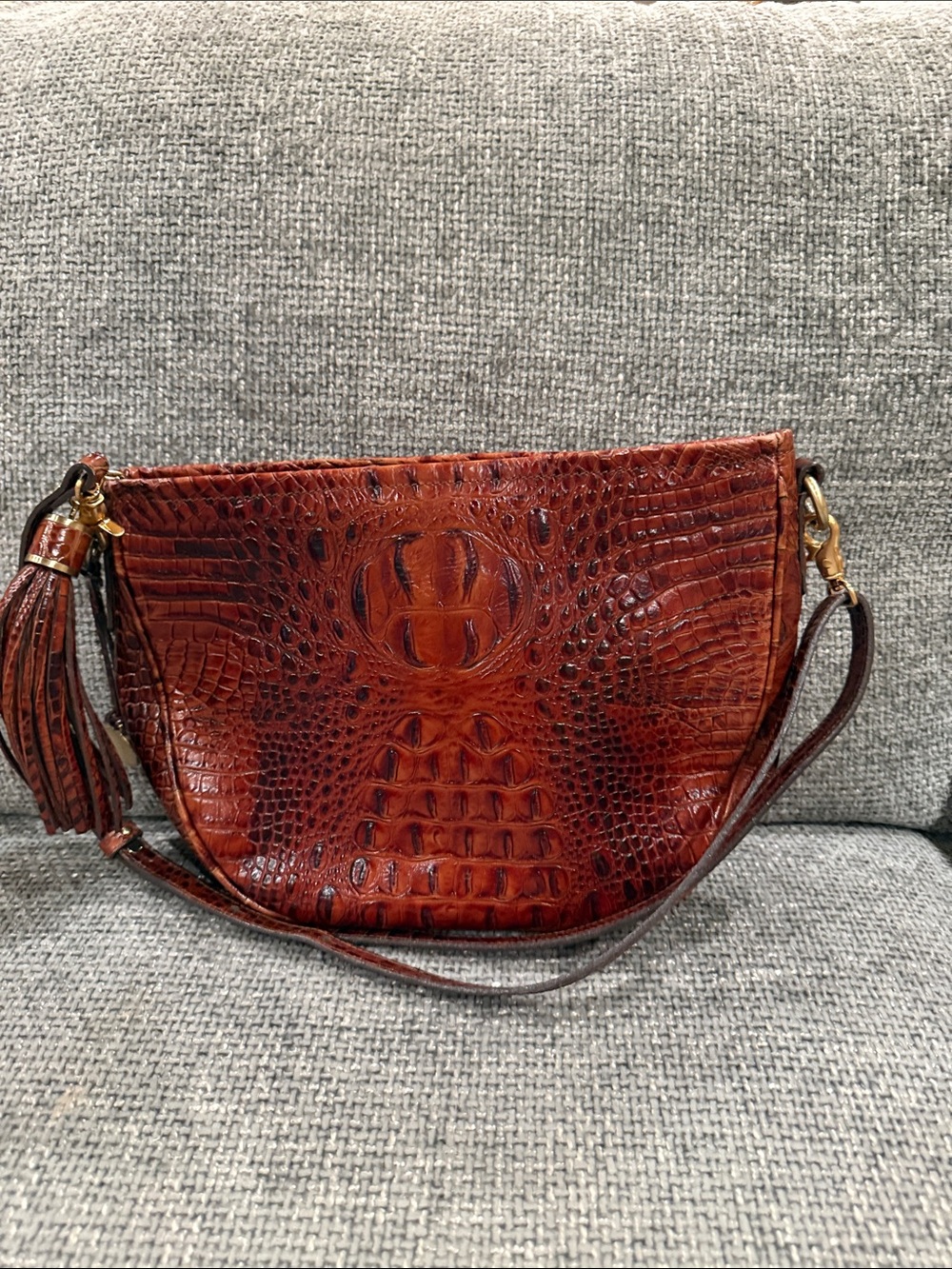 Brahmin Brown Croc-Embossed Leather Crossbody with Tassel